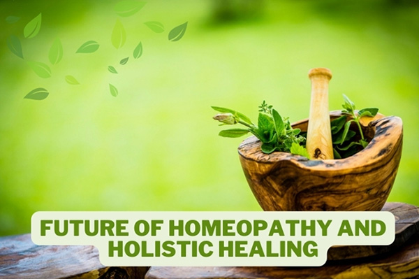 Carved wooden mortar and pestle with fresh herbs set against a verdant background, highlighting the future of homeopathy and holistic healing offered at HEAAL Homeopathy Clinic in Hyderabad