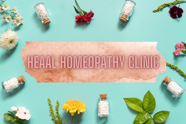 Creative display of homeopathic remedies and vibrant flowers surrounding the HEAAL Homeopathy Clinic branding on a pastel blue background, representing the clinic's holistic approach to health in Hyderabad.