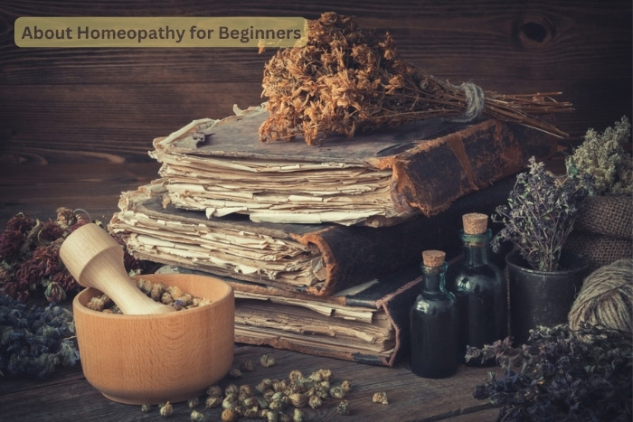 Vintage scene with aged books on herbal medicine, a mortar and pestle, and dried herbs, evoking the traditional knowledge and practices at the core of HEAAL Homeopathy Clinic's beginner-friendly approach in Hyderabad.