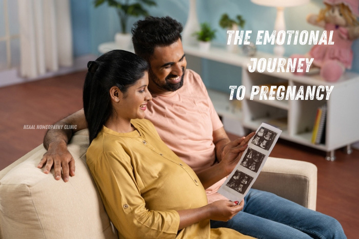 Expectant couple smiling and looking at ultrasound photos, depicting the emotional journey to pregnancy supported by HEAAL Homeopathy Clinic in Chanda Nagar, Hyderabad