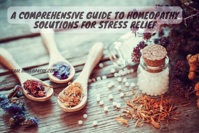 Essential homeopathic remedies and colorful herbs on display, illustrating a guide to stress relief offered at the beloved HEAAL Homeopathy Clinic in Hyderabad.