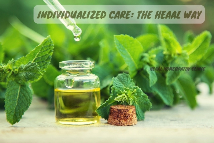 Fresh, natural peppermint and a vial of holistic essence capture the essence of individualized care at HEAAL Homeopathy Clinic, Chanda Nagar, Hyderabad
