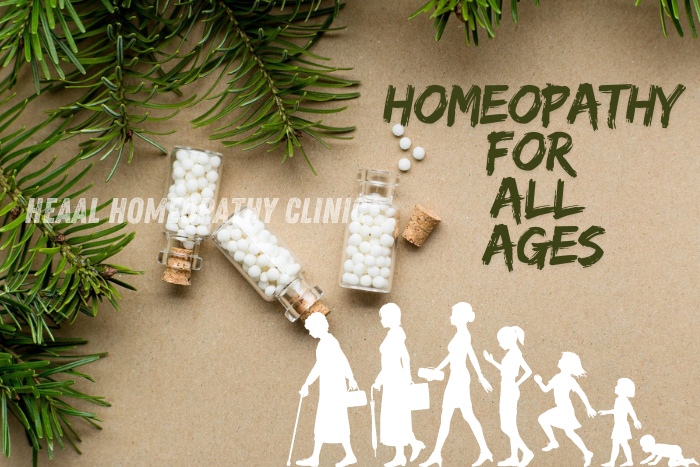 Homeopathy for all ages, illustrated by three vials of homeopathic pills on a craft paper with fresh rosemary sprigs and a silhouette progression of people from child to elder, highlighting comprehensive natural healthcare at Heaal Homeopathy Clinic in Hyderabad