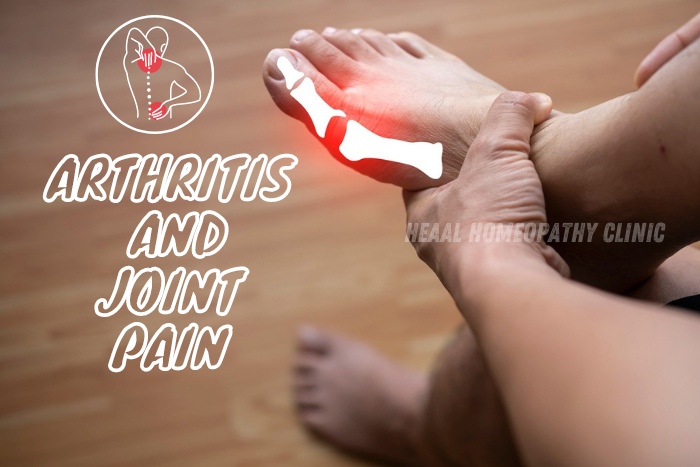 Find relief from arthritis and joint pain with HEAAL Homeopathy Clinic in Chanda Nagar, Hyderabad, featuring a man grasping his foot in discomfort with an emphasis on homeopathic solutions for chronic pain management