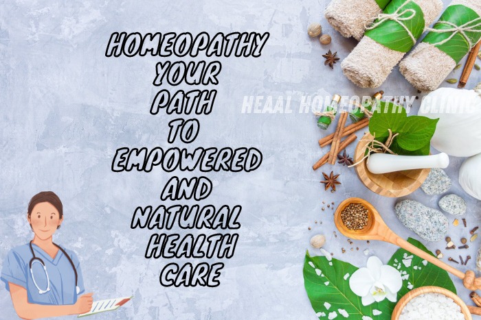 Promotional image showcasing a variety of natural homeopathic remedies, including herbs, spices, and essential oils, with a friendly healthcare professional, emphasizing Heaal Homeopathy Clinic's commitment to empowered and natural health care in Hyderabad