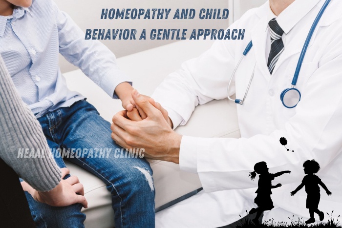 HEAAL Homeopathy Clinic in Chanda Nagar, Hyderabad, promotes a gentle approach to managing child behavior with homeopathy, showing a caring doctor comforting a young patient, emphasizing compassionate care in pediatric behavioral health
