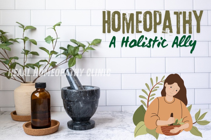 Explore the natural remedies at HEAAL Homeopathy Clinic in Chanda Nagar, Hyderabad, featuring a serene setting with homeopathic bottles, a mortar and pestle, and lush greenery, emphasizing homeopathy as a holistic ally in health