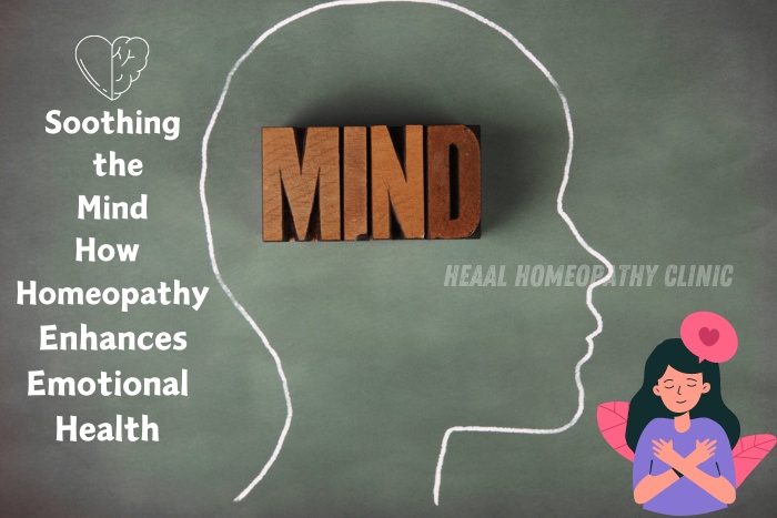Promotional image for HEAAL Homeopathy Clinic in Chanda Nagar, Hyderabad, illustrating the benefits of homeopathy for mental well-being with a creative design symbolizing mind soothing and emotional health enhancement