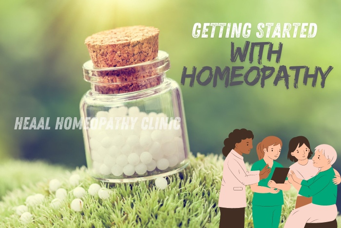 Explore the basics of homeopathy with a small bottle of homeopathic pellets on a green grass background, accompanied by an illustration of healthcare professionals interacting with patients, promoting the Heaal Homeopathy Clinic's introductory services for new patients in Hyderabad