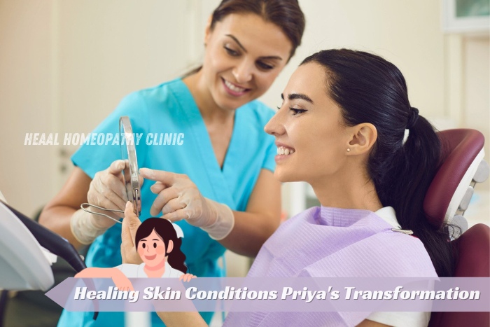 Healing skin conditions at HEAAL Homeopathy Clinic in Chanda Nagar, Hyderabad. Priya's transformation story of improved skin health. Personalized homeopathic treatments for clear and healthy skin