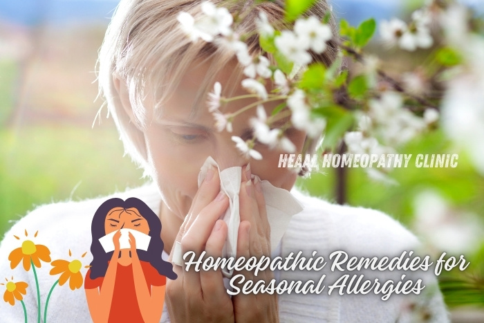 A person experiencing seasonal allergies amidst blooming flowers. HEAAL Homeopathy Clinic in Chanda Nagar, Hyderabad offers effective homeopathic remedies for seasonal allergies