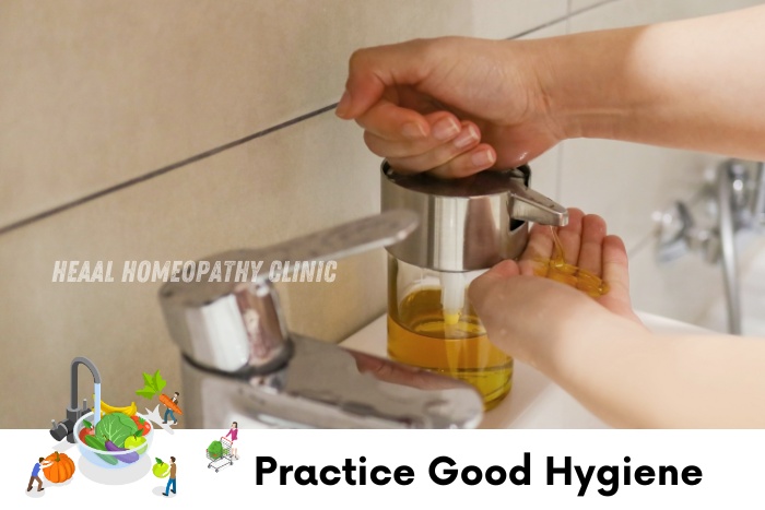 Image of a person practicing good hygiene by washing hands with liquid soap. HEAAL Homeopathy Clinic in Chanda Nagar, Hyderabad emphasizes the importance of hygiene for overall health and well-being