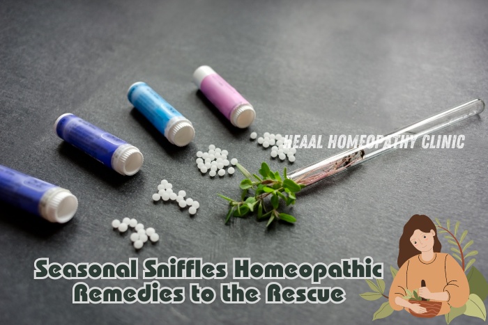 Image of homeopathic remedies in small vials and tablets for treating seasonal sniffles. HEAAL Homeopathy Clinic in Chanda Nagar, Hyderabad offers natural solutions to combat seasonal allergies and improve health