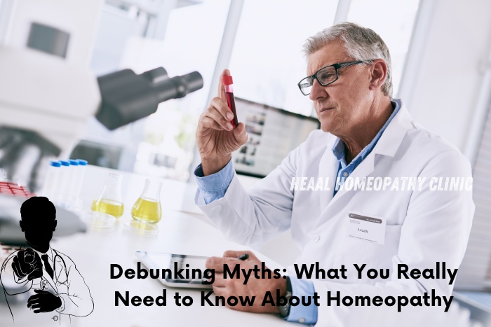 Scientist examining a homeopathic remedy at HEAAL Homeopathy Clinic, Chanda Nagar, Hyderabad. Discover the truth behind homeopathy and its benefits