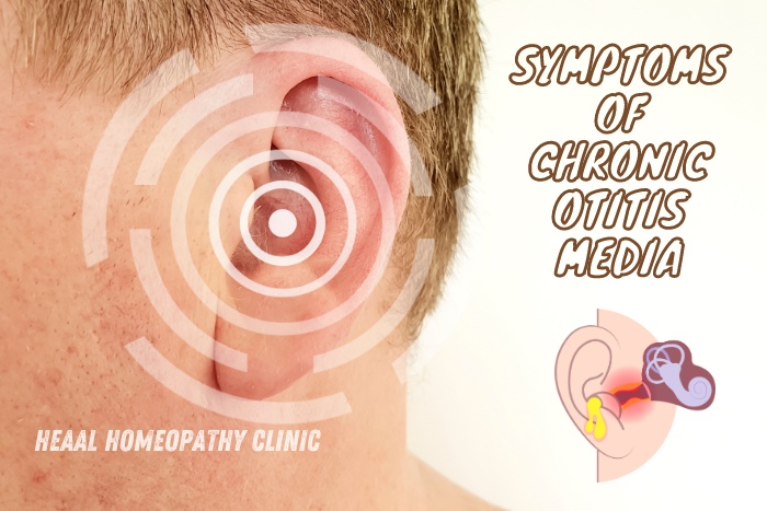 Close-up of an ear with a target symbol, illustrating symptoms of chronic otitis media. HEAAL Homeopathy Clinic in Chanda Nagar, Hyderabad offers specialized homeopathic treatments for ear infections and ear discharge