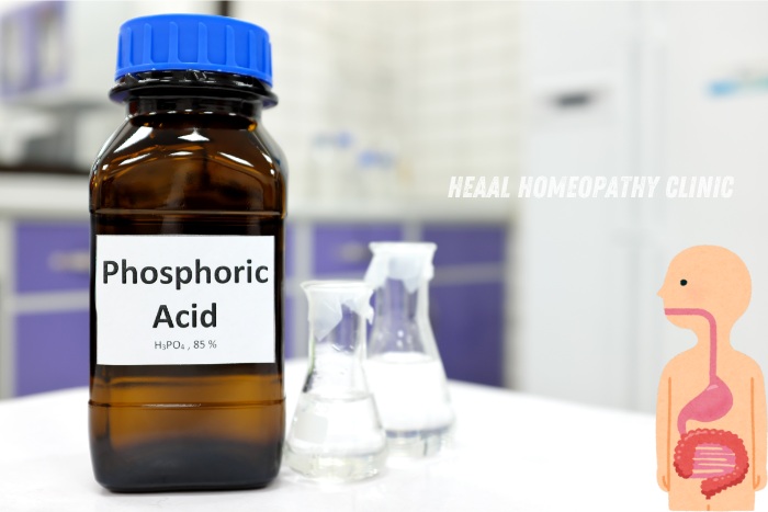 Bottle labeled 'Phosphoric Acid' in a clinical setting, highlighting its use in homeopathic treatments. HEAAL Homeopathy Clinic in Chanda Nagar, Hyderabad, utilizes this remedy to support digestive health and address related conditions naturally