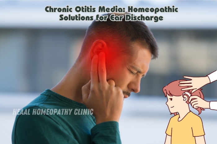 A man experiencing ear pain, symbolizing relief from chronic otitis media with homeopathic treatments at HEAAL Homeopathy Clinic in Chanda Nagar, Hyderabad. Specialized in natural solutions for ear discharge and related symptoms