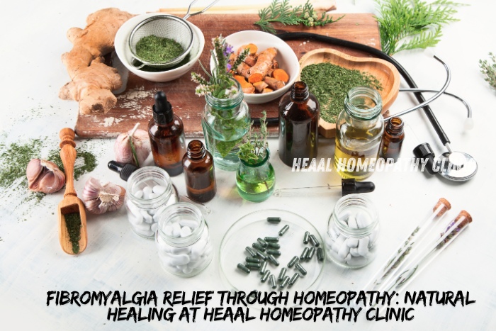 Assortment of natural homeopathic remedies for fibromyalgia relief at HEAAL Homeopathy Clinic in Chanda Nagar, Hyderabad. Promoting holistic healing with safe and effective treatments for chronic pain management.