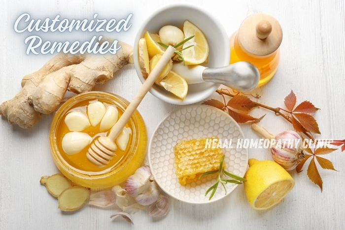 Customized homeopathic remedies at HEAAL Homeopathy Clinic, Chanda Nagar, Hyderabad, tailored for individual health needs. Natural solutions using ingredients like ginger, garlic, and honey for holistic healing