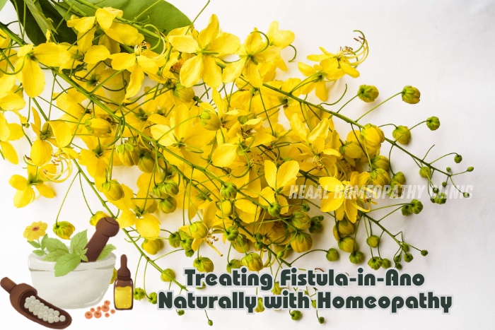 Bright yellow flowers and homeopathic remedies featured for natural treatment of Fistula-in-Ano at HEAAL Homeopathy Clinic, Chanda Nagar, Hyderabad - promoting holistic healing solutions.