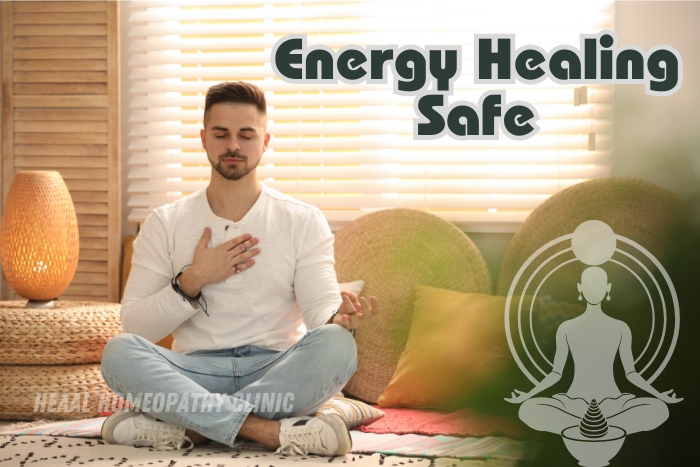 Man practicing energy healing techniques in a peaceful setting at HEAAL Homeopathy Clinic, Chanda Nagar, Hyderabad. Safe and natural energy healing solutions for overall well-being