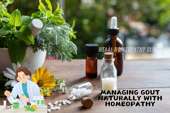 Managing gout naturally with homeopathy at HEAAL Homeopathy Clinic in Chanda Nagar, Hyderabad. A variety of homeopathic remedies and natural herbs are displayed, symbolizing the clinic's holistic approach to treating gout. This image highlights the use of natural treatments for effective gout management and patient well-being