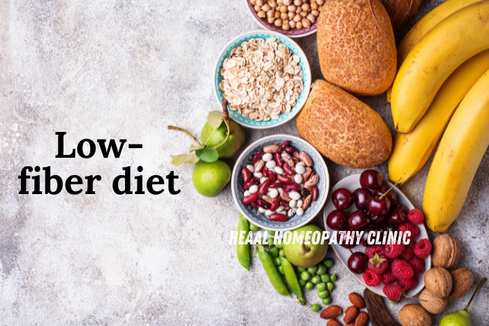 A healthy fruits, vegetables, and grains emphasizing the importance of avoiding a low-fiber diet. HEAAL Homeopathy Clinic in Chanda Nagar