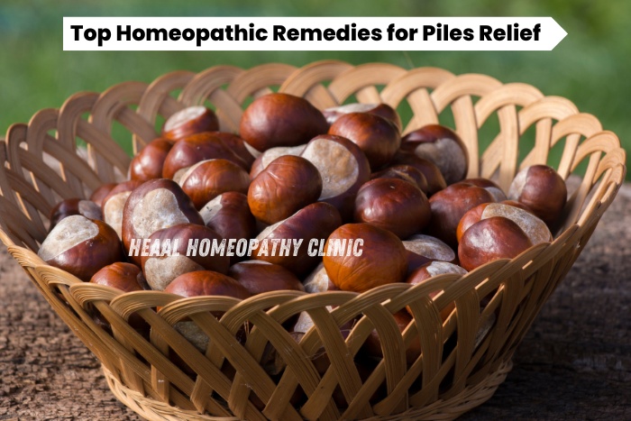 A natural wicker basket filled with horse chestnuts, used in homeopathic remedies for piles at HEAAL Homeopathy Clinic in Chanda Nagar