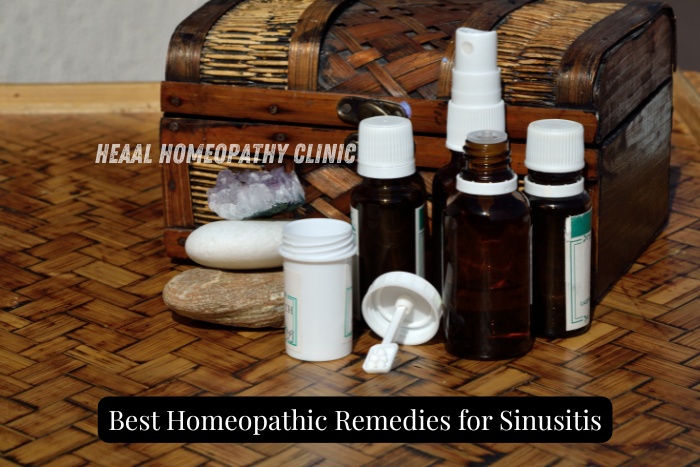 A collection of homeopathic remedies for sinusitis is displayed on a bamboo surface at HEAAL Homeopathy Clinic, Chanda Nagar, Hyderabad