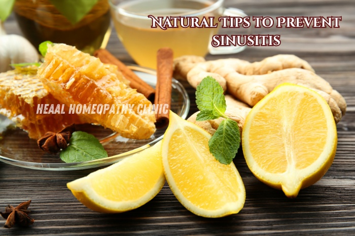 Fresh lemon slices, honeycomb, mint, and herbal ingredients are beautifully arranged to natural sinusitis prevention at HEAAL Homeopathy Clinic