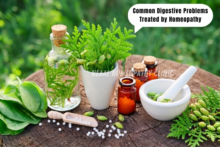 Herbal homeopathic remedies and natural ingredients displayed for digestive care at HEAAL Homeopathy Clinic in Chanda Nagar, Hyderabad