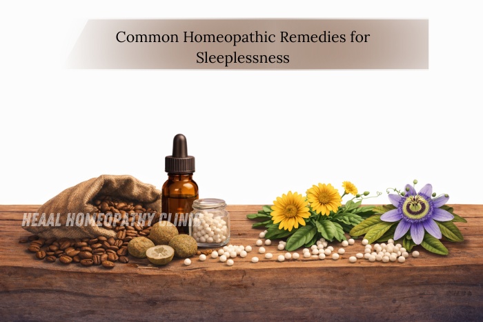 Homeopathic medicines, herbs, and natural ingredients arranged for treating sleeplessness at HEAAL Homeopathy Clinic in Chanda Nagar, Hyderabad