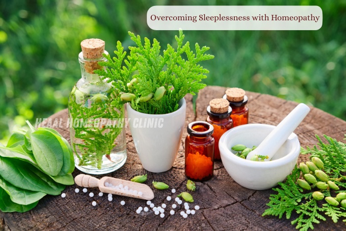 Natural homeopathic remedies and herbs displayed for treating sleeplessness at HEAAL Homeopathy Clinic in Chanda Nagar, Hyderabad
